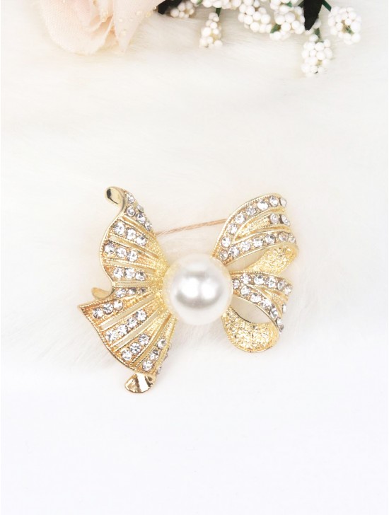 Rhinestone and Pearl Bowknot Brooch Clip