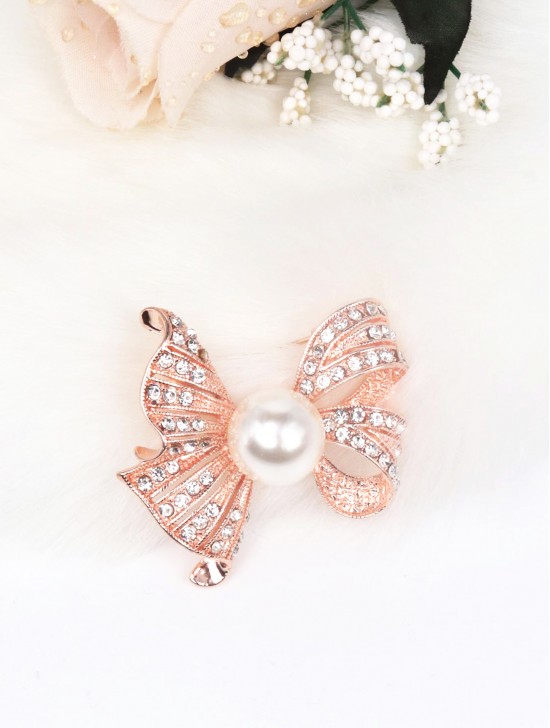 Rhinestone and Pearl Bowknot Brooch Clip