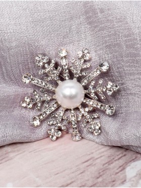 Snowflake Rhinestone Brooch Clip W/ Pearl