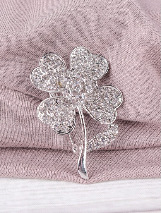 Clover Design Rhinestone Brooch 