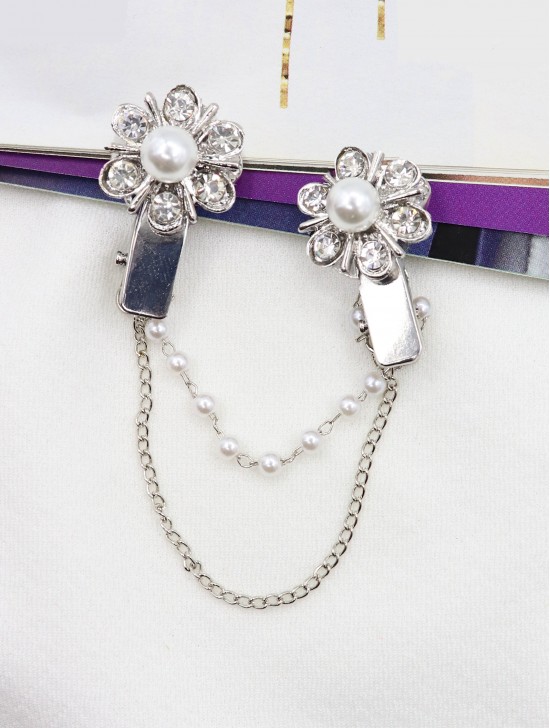 Clip on Rhinestone & Pearl Flower Brooch/Sweater Link Clip