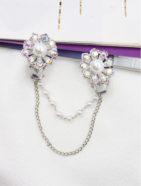 Clip on Rhinestone & Pearl Flower Brooch/Sweater Link Clip