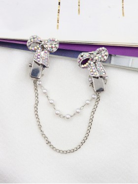 Clip on Rhinestone & Pearl Bow Brooch/Sweater Link Clip