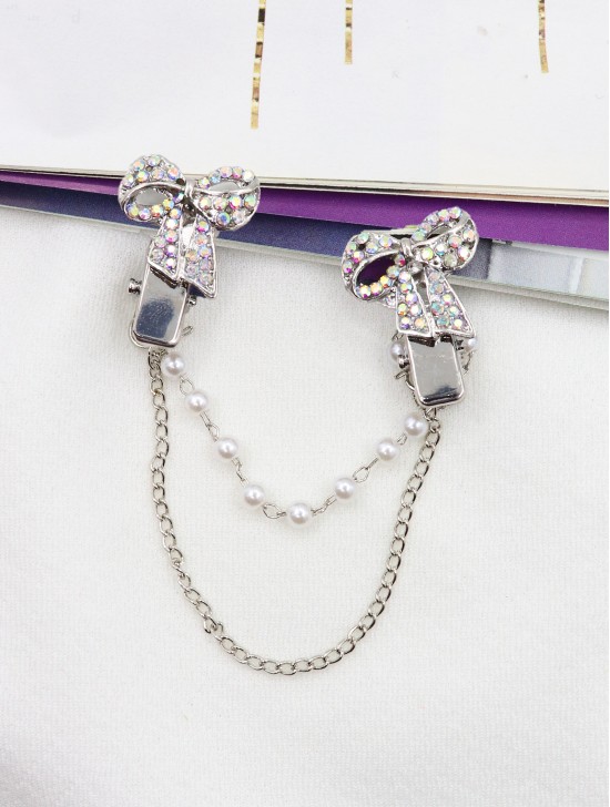 Clip on Rhinestone & Pearl Bow Brooch/Sweater Link Clip