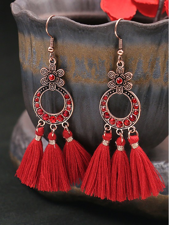Red Rhinestone Earrings with 3 Tassel