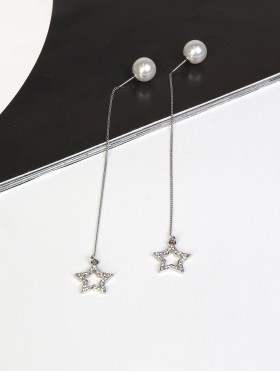 Double Wear Rhinestone Star Long Drop Earring W/ Pearl