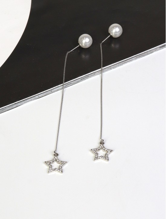 Double Wear Rhinestone Star Long Drop Earring W/ Pearl