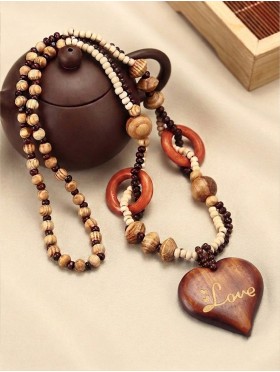 Wood Beads Necklace W/ Fashion Pendant