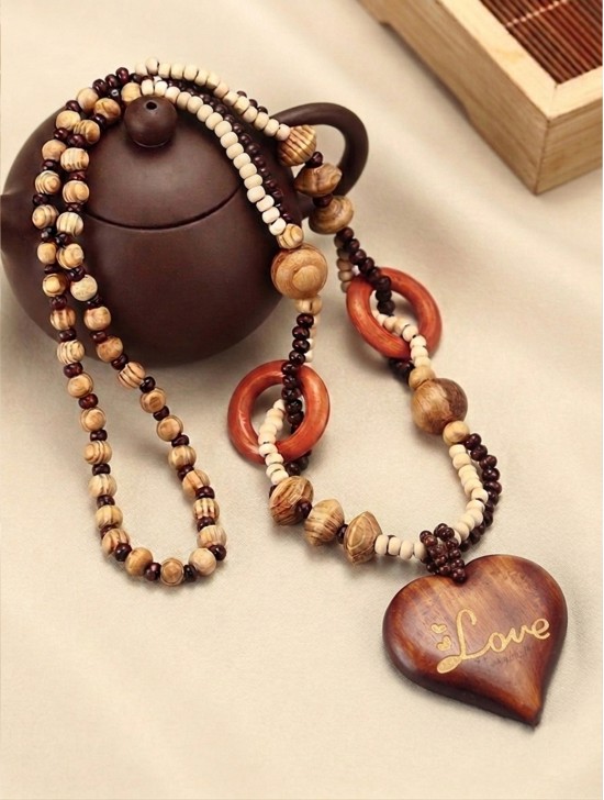 Wood Beads Necklace W/ Fashion Pendant