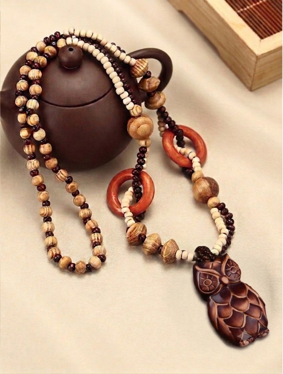 Wood Beads Necklace W/ Fashion Pendant
