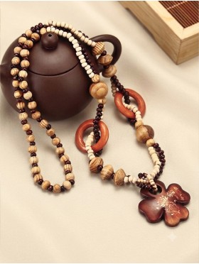 Wood Beads Necklace W/ Fashion Pendant