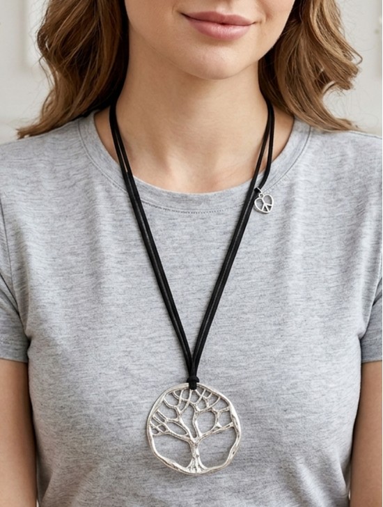 Rope Necklace W/ Silver Tree Pendant