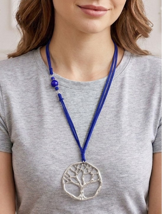 Rope Necklace W/ Silver Tree Pendant