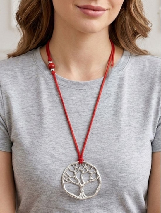 Rope Necklace W/ Silver Tree Pendant