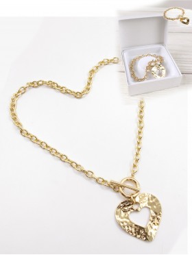 Heart Pendant Link Necklace  and Bracelet Set (NC1227 + BR1227)