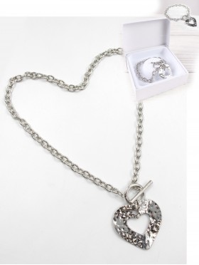 Heart Pendant Link Necklace  and Bracelet Set (NC1227 + BR1227)