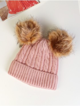 Double Pom Pom Knitted Hat  (Plush Inside)