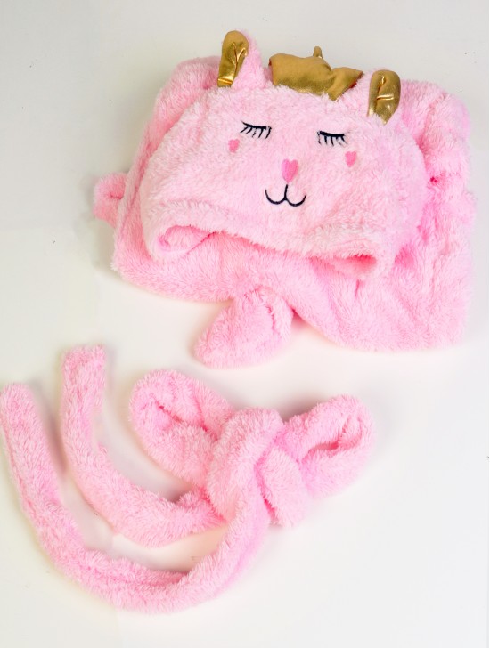 Kid's Cute Cat with Crown and Tail Microfiber Hooded Robe W/Strap