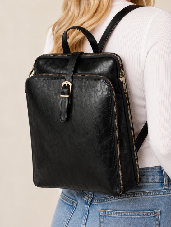 Faux Leather Laptop Backpack W/ Multiple Compartments