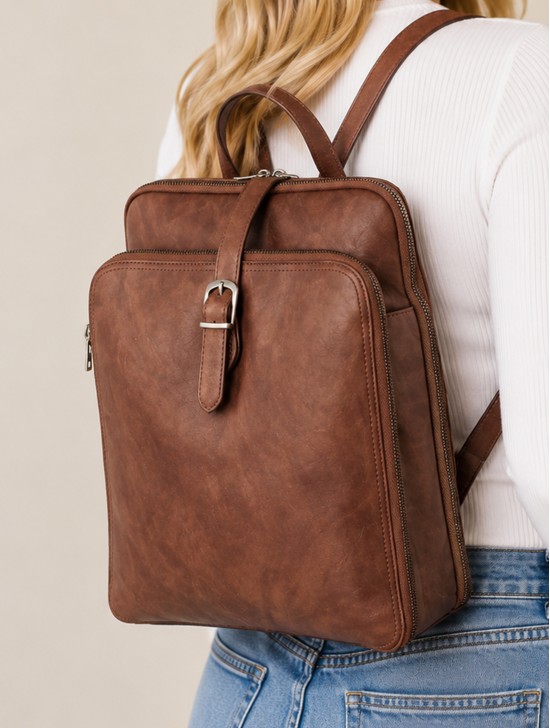 Faux Leather Laptop Backpack W/ Multiple Compartments