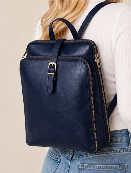 Faux Leather Laptop Backpack W/ Multiple Compartments