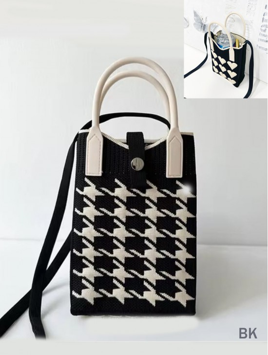 Large Capacity Super Soft Houndstooth Patterned Knitted Cellphone Bag W Strap (Heart Button Closure)