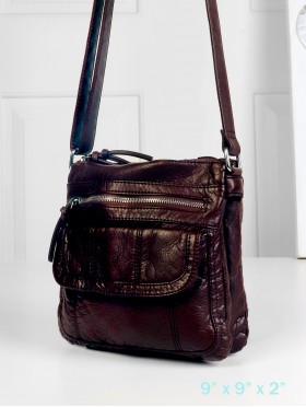 Solid Faux Leather Satchel W/ Multi Pocket