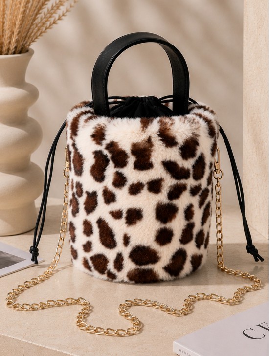 Leopard Print Plush Bucket Bag