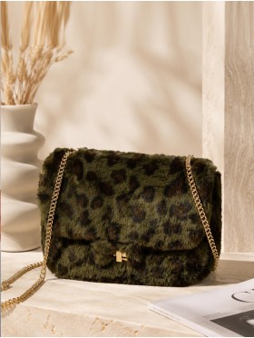 Leopard Print Plush Drawstring Purse