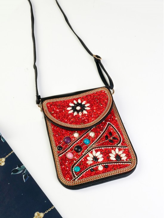 Hand-made Beaded Faux Leather Mini Purse