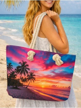 Canvas Palm Tree Print Shoulder Tote