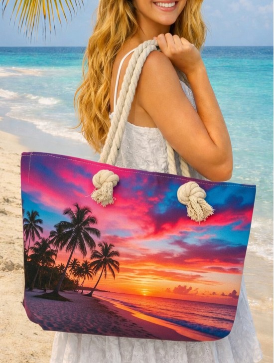 Canvas Palm Tree Print Shoulder Tote Canvas Palm Tree Print Shoulder Tote