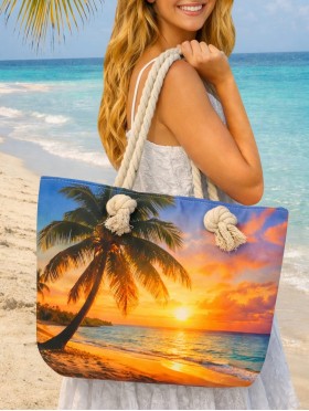 Canvas Palm Tree Print Shoulder Tote