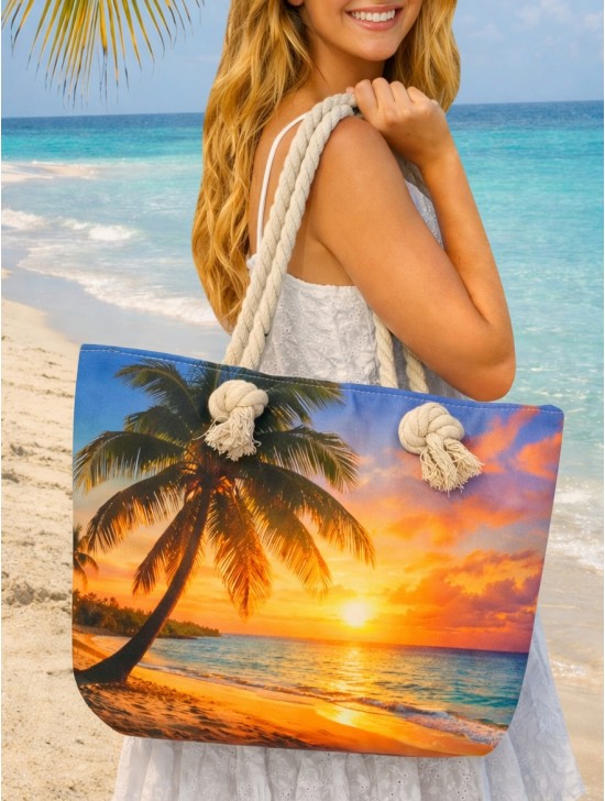 Canvas Palm Tree Print Shoulder Tote Canvas Palm Tree Print Shoulder Tote