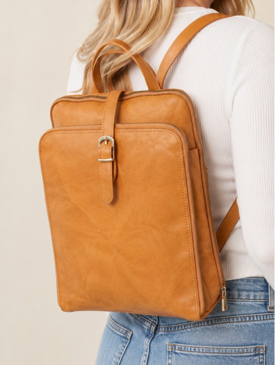 Faux Leather Laptop Backpack W/ Multiple Compartments