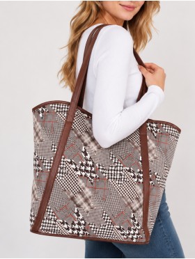 Houndstooth Print Tote Bag With Faux Leather Accents
