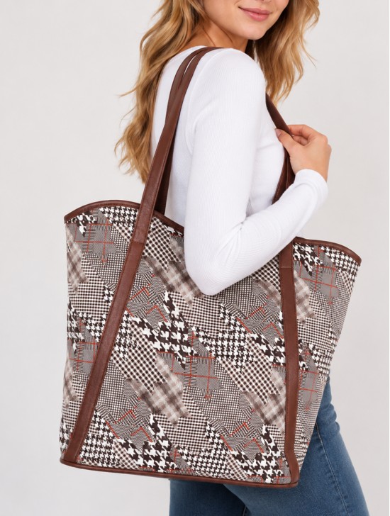 Houndstooth Print Tote Bag With Faux Leather Accents Houndstooth Print Tote Bag With Faux Leather Accents