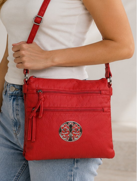 Front Zip Medallion Faux Leather Cross-body Front Zip Medallion Faux Leather Cross-body