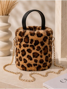 Leopard Print Plush Bucket Bag