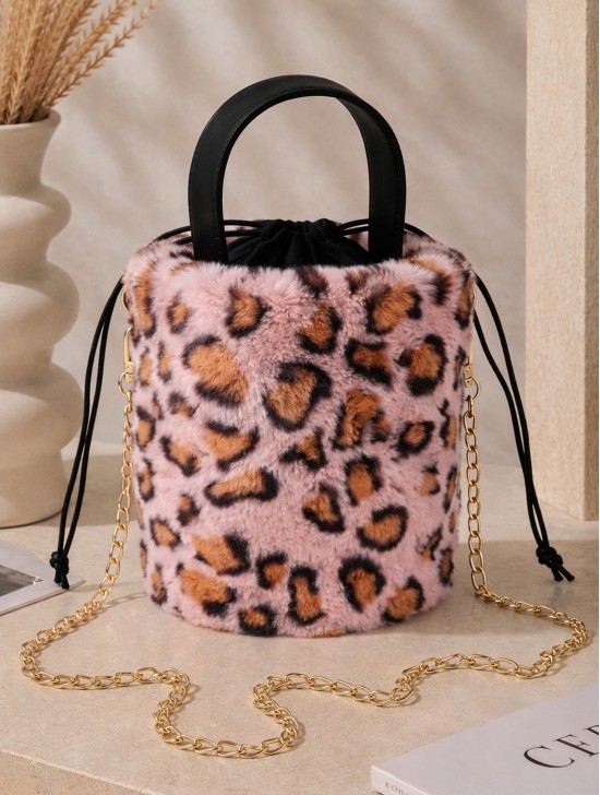 Leopard Print Plush Bucket Bag