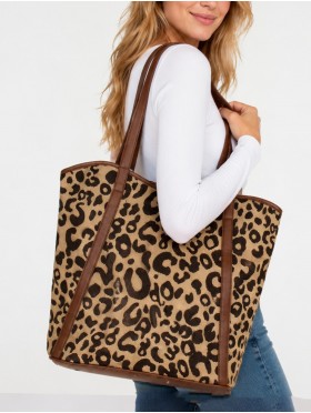 Leopard Print Tote Bag With Faux Leather Accents