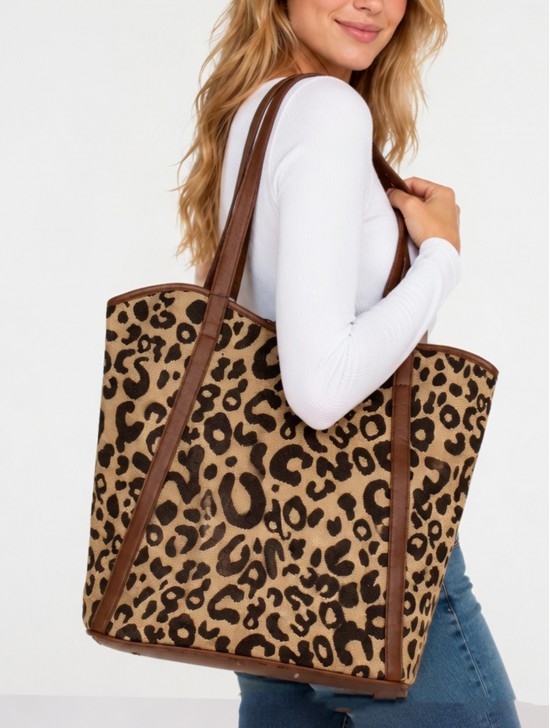 Leopard Print Tote Bag With Faux Leather Accents Leopard Print Tote Bag With Faux Leather Accents