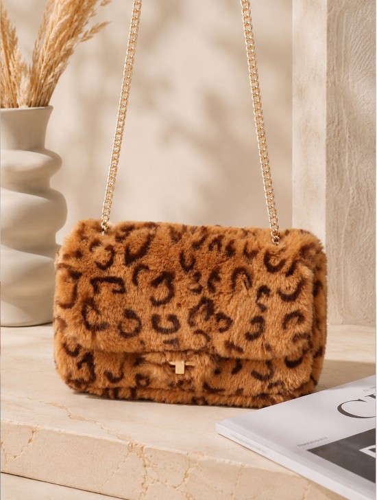 Leopard Print Plush Drawstring Purse
