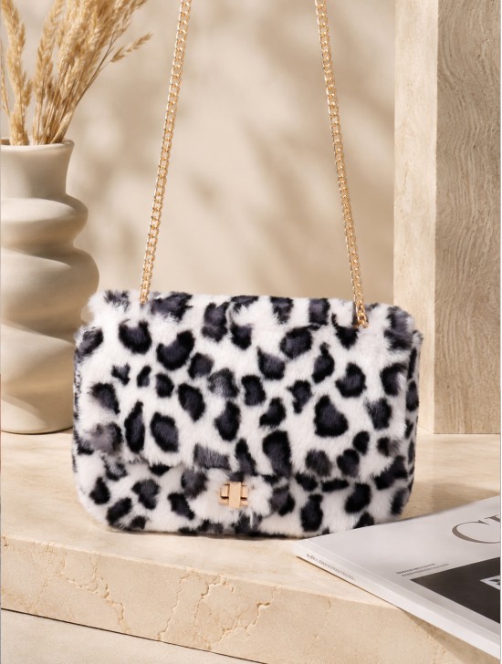 Leopard Print Plush Drawstring Purse