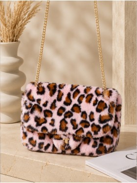 Leopard Print Plush Drawstring Purse