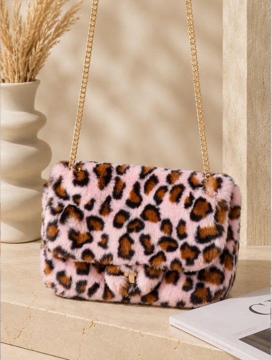Leopard Print Plush Drawstring Purse