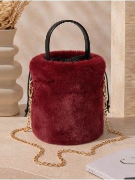 Solid Colour Plush Drawstring Bucket Bag