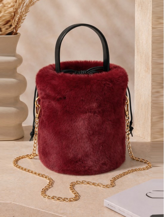 Solid Colour Plush Drawstring Bucket Bag