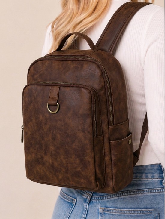 Faux Leather Laptop Backpack W/ Multiple Compartments