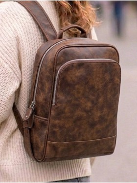 Faux Leather Laptop Backpack W/ Multiple Compartments
